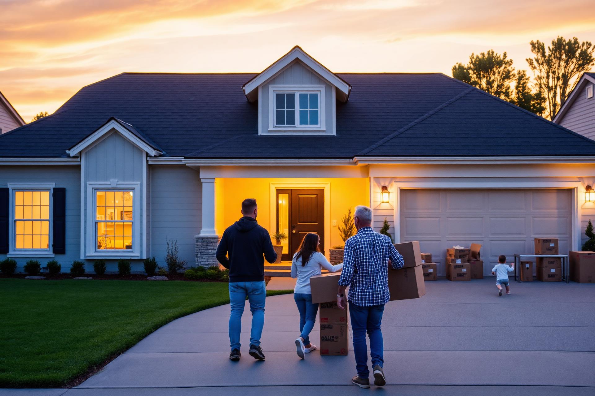 Family moving into their new home at sunset